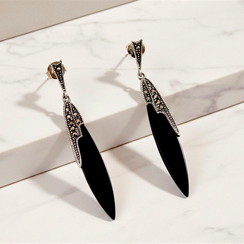 art deco inspired onyx drop earrings in silver with marcasite stones