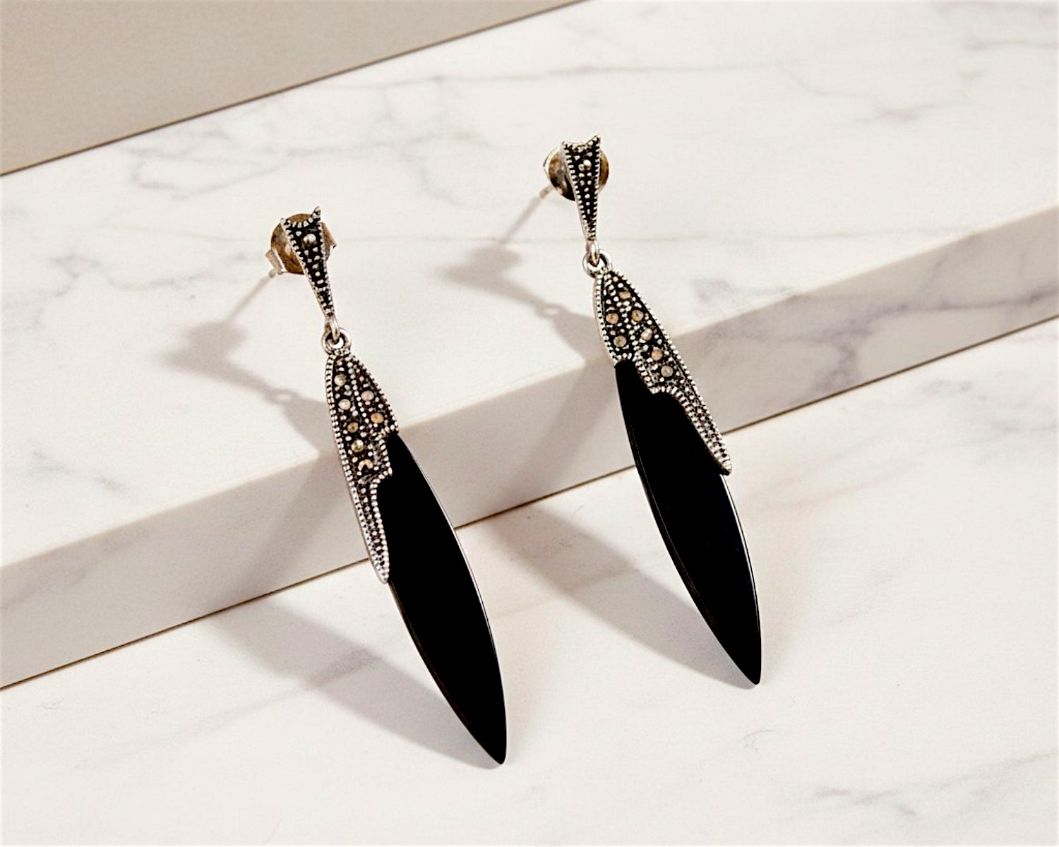 art deco inspired onyx drop earrings in silver with marcasite stones