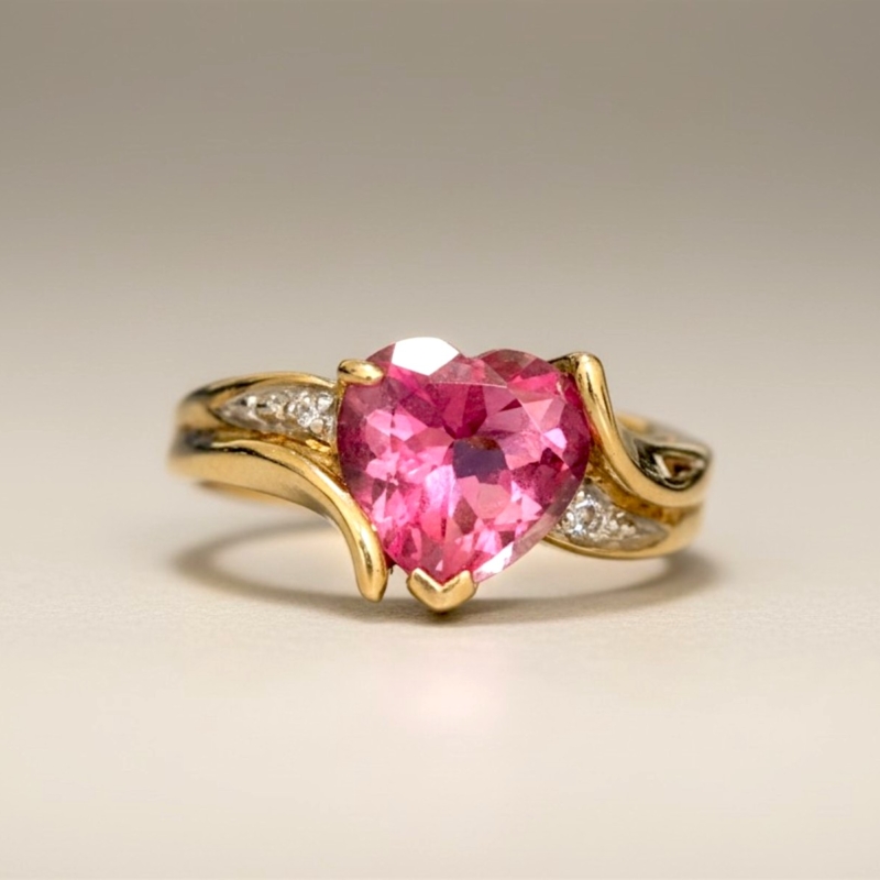 vintage pink topaz and diamond heart ring in 9ct gold for sale in Leeds UK