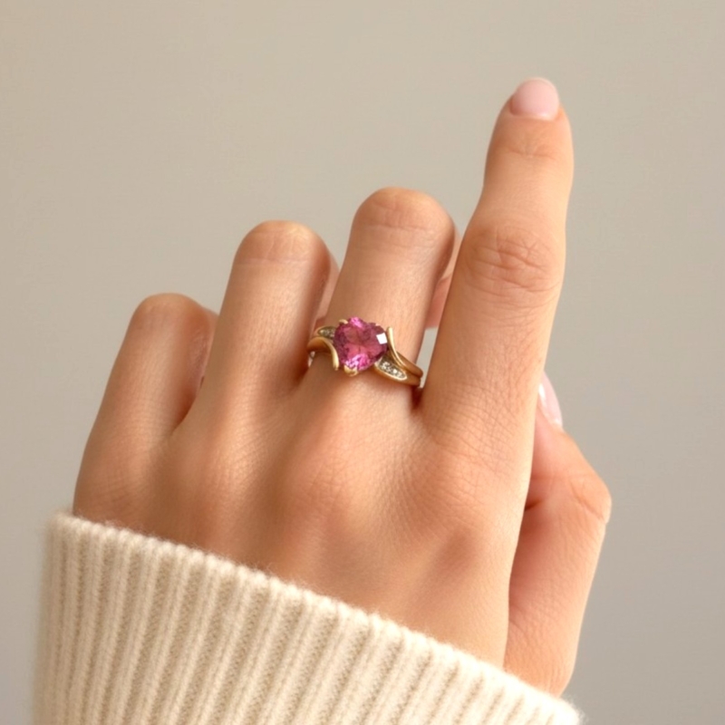 vintage pink topaz and diamond heart ring in 9ct gold for sale in Leeds UK, on model's hand