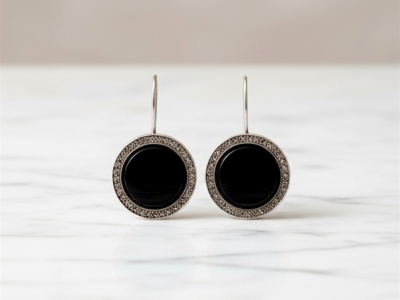 art deco style round onyx earrings in silver with marcasite stones for sale in Leeds