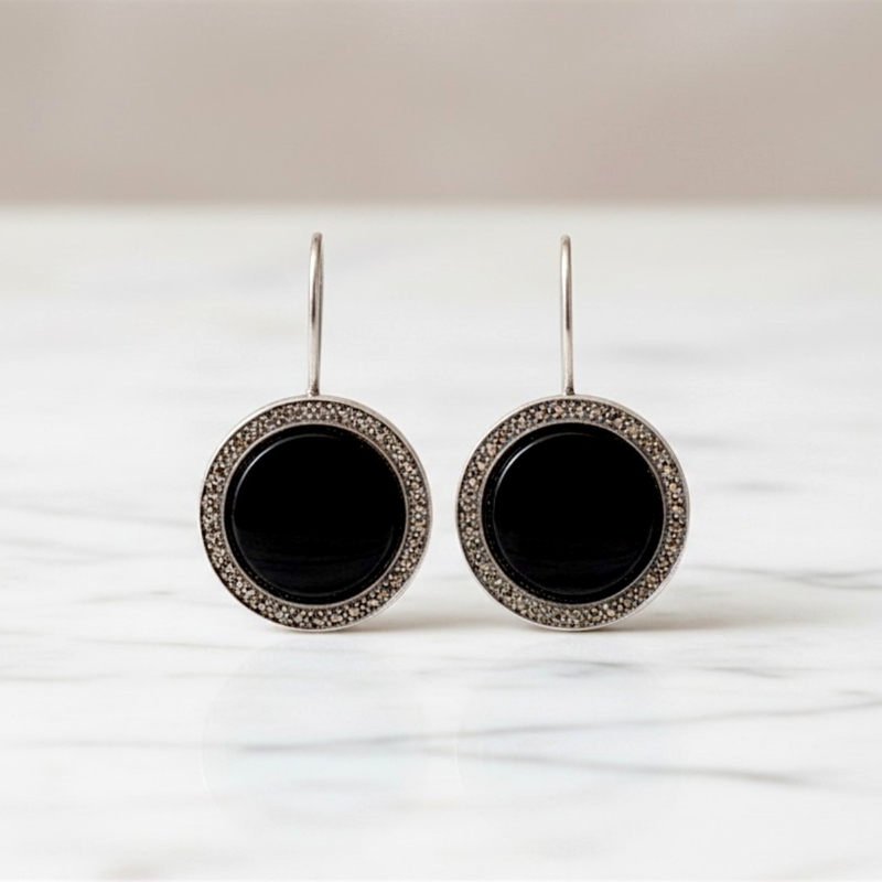 art deco style round onyx earrings in silver with marcasite stones for sale in Leeds