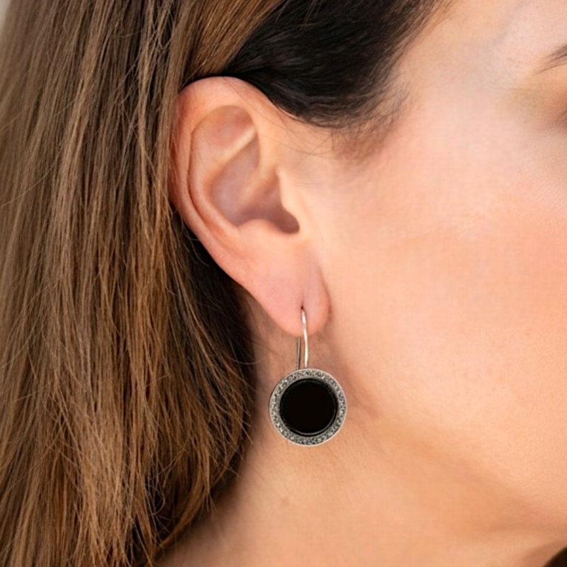 art deco style round onyx earrings in silver with marcasite stones for sale in Leeds on model