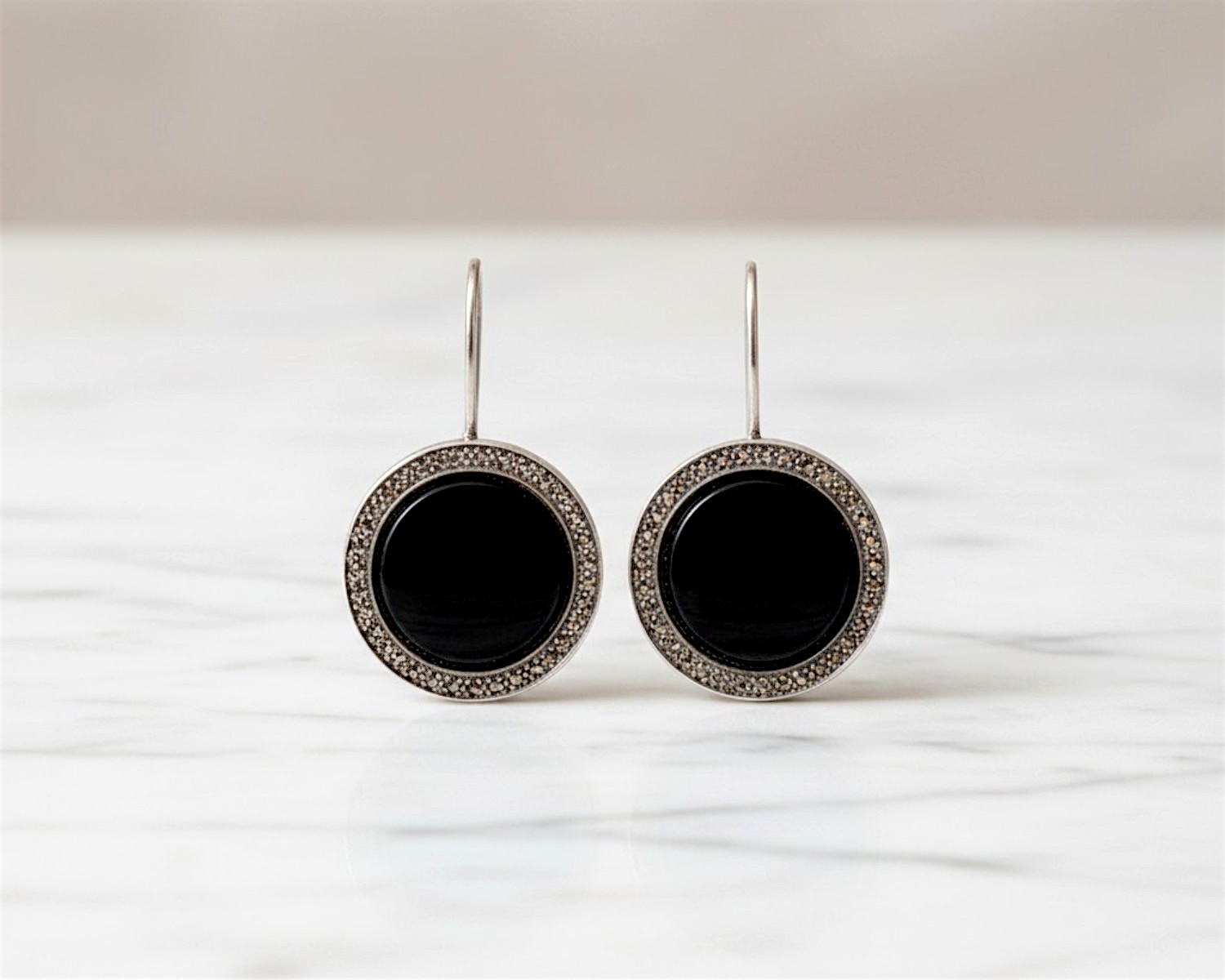 art deco style round onyx earrings in silver with marcasite stones for sale in Leeds