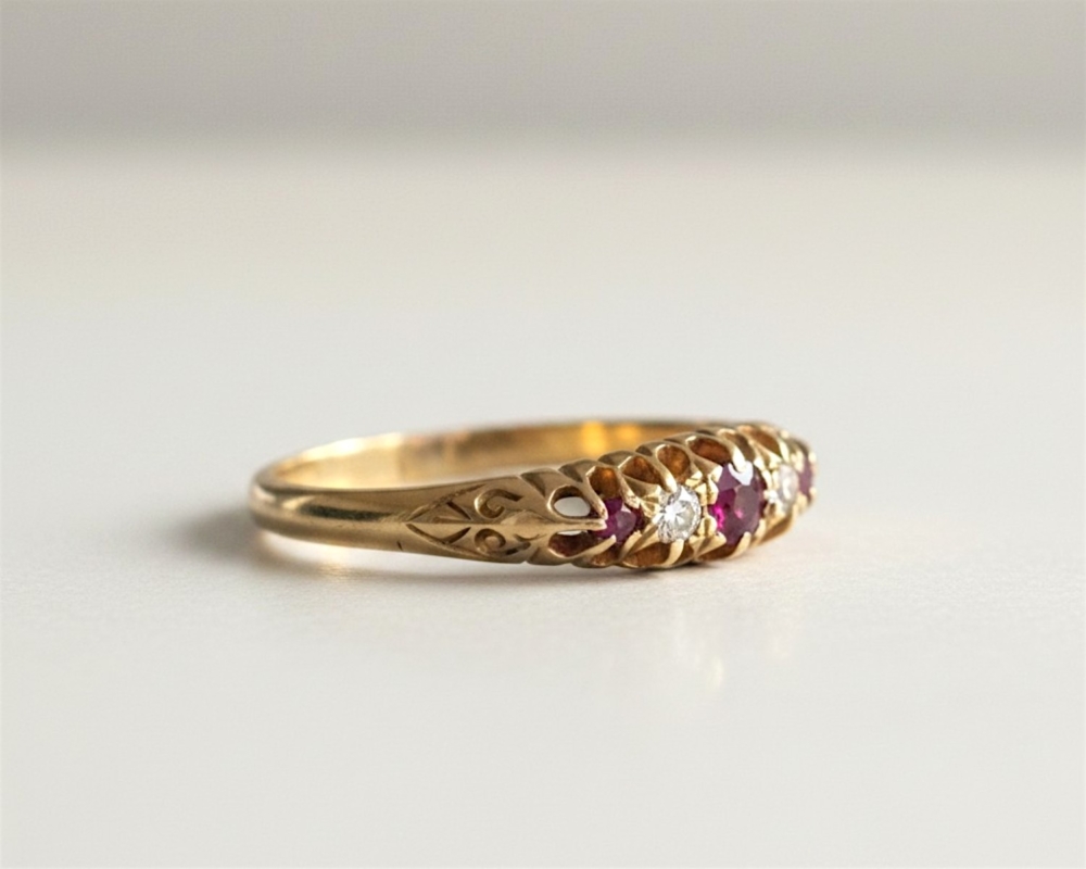 antique Victorian ruby and diamond ring for sale in Leeds, Uk, showing side profile