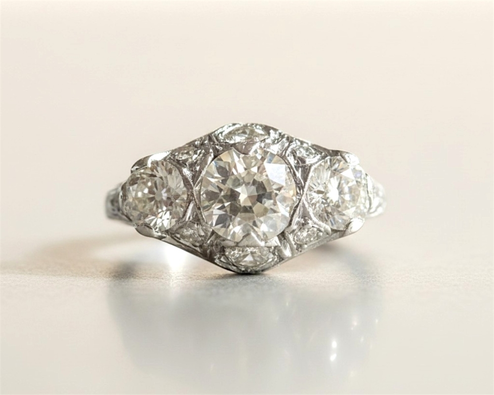 antique Edwardian three stone diamond ring set in platinum approx 2.5ct diamond weight for sale in Leeds, UK