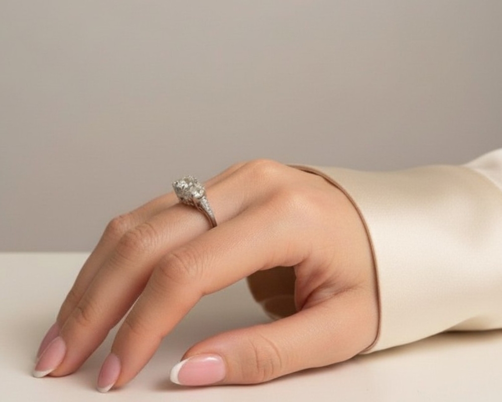 antique Edwardian three stone diamond ring set in platinum approx 2.5ct diamond weight for sale in Leeds, UK, shown on model's hand