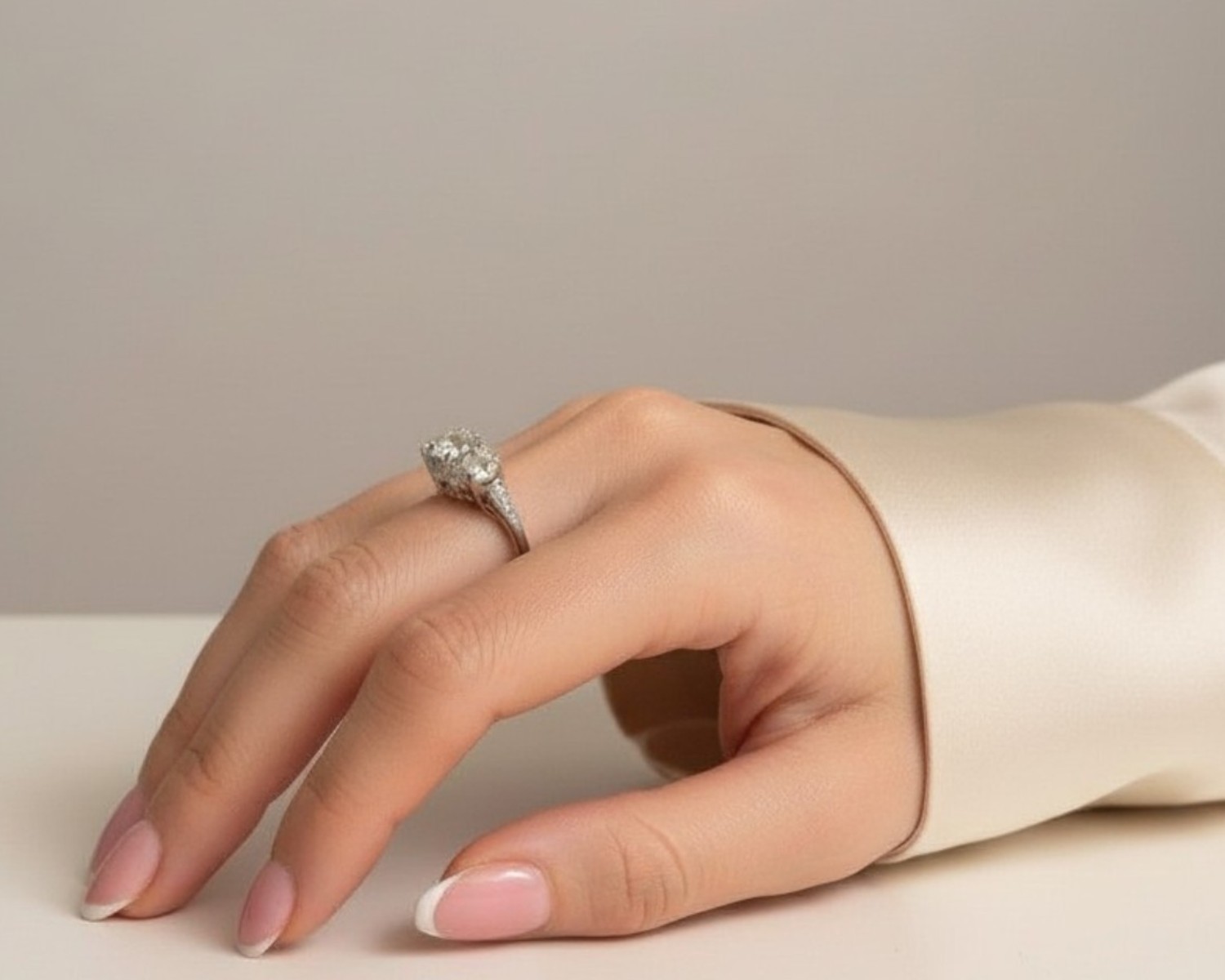 three stone ring on finger