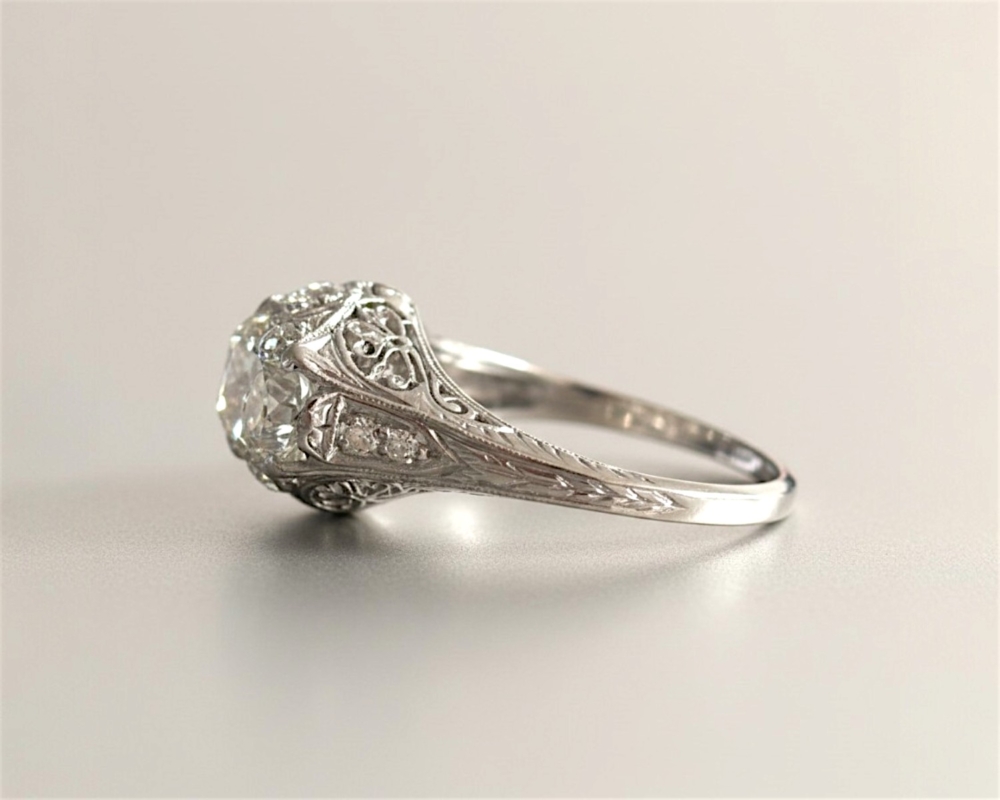 antique Edwardian three stone diamond ring set in platinum approx 2.5ct diamond weight for sale in Leeds, UK, side profile view of the ring