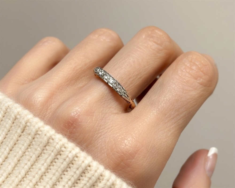 Victorian diamond half hoop ring in 18ct yellow gold for sale in Leeds, UK, on model's hand