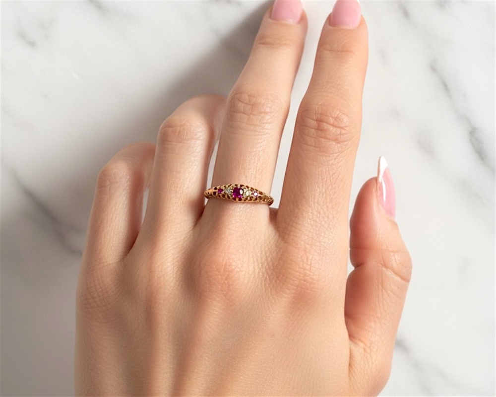 antique Victorian ruby and diamond ring for sale in Leeds, UK, shown on hand