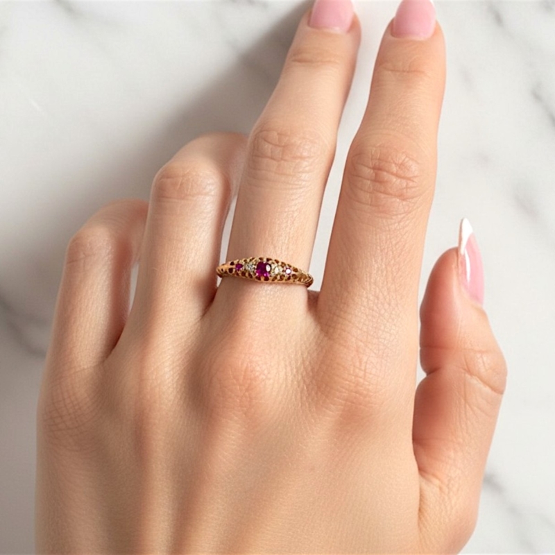 antique Victorian ruby and diamond ring for sale in Leeds, UK, shown on hand