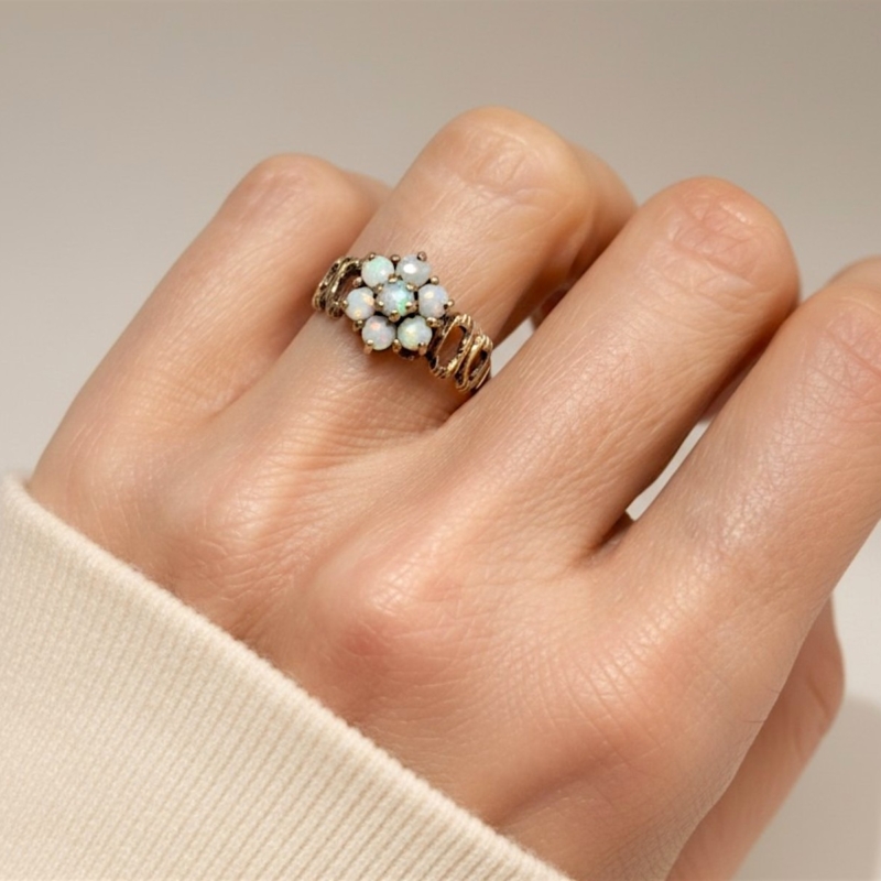 vintage opal cluster ring in 9ct gold for sale in Leeds, on model's hand