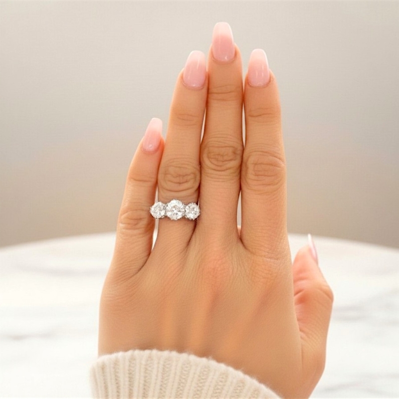1920s 4.5ct three stone ring on model's hand