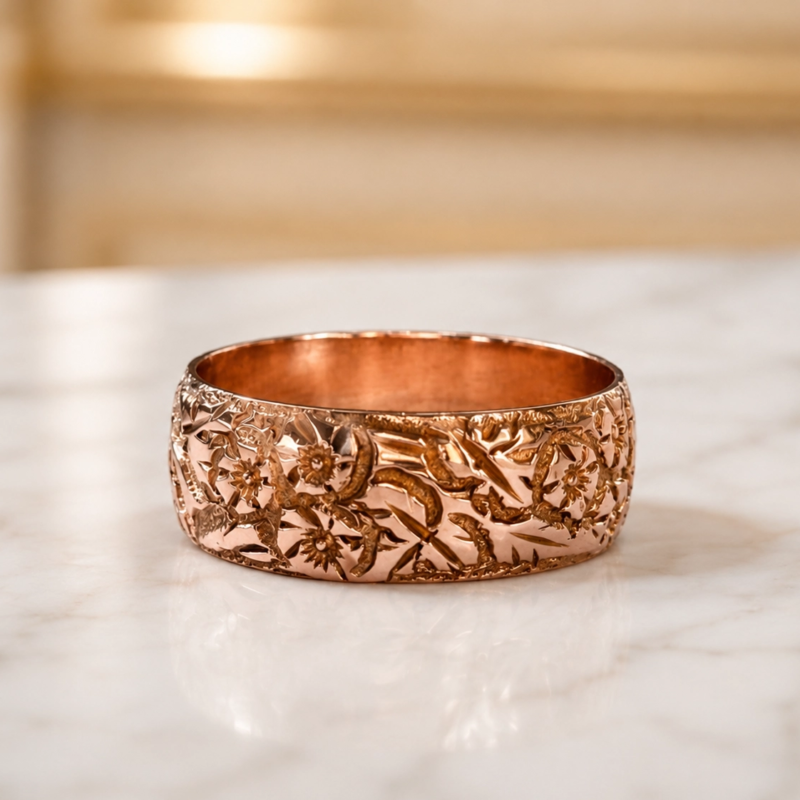 antique 9ct rose gold engraved wedding ring for sale in Leeds