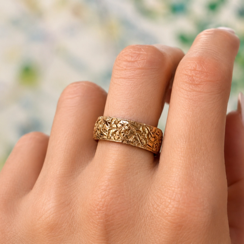 antique 9ct rose gold engraved wedding ring for sale in Leeds on hand