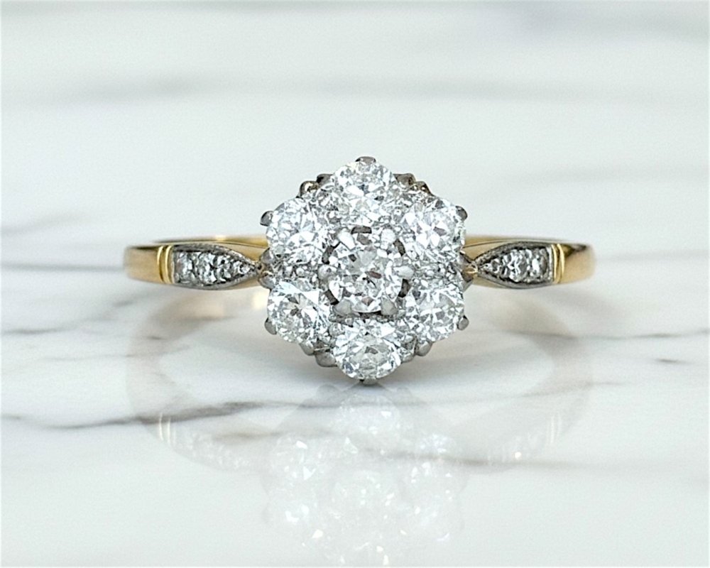 Antique Art Deco diamond cluster ring with old cut diamonds in 18ct yellow gold and platinum set, for sale in Leeds UK