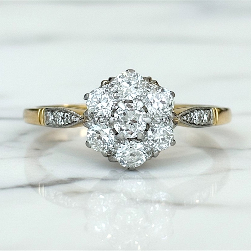 Antique Art Deco diamond cluster ring with old cut diamonds in 18ct yellow gold and platinum set, for sale in Leeds UK