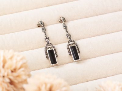 art deco style onyx, marcasite and silver earrings for sale in Leeds