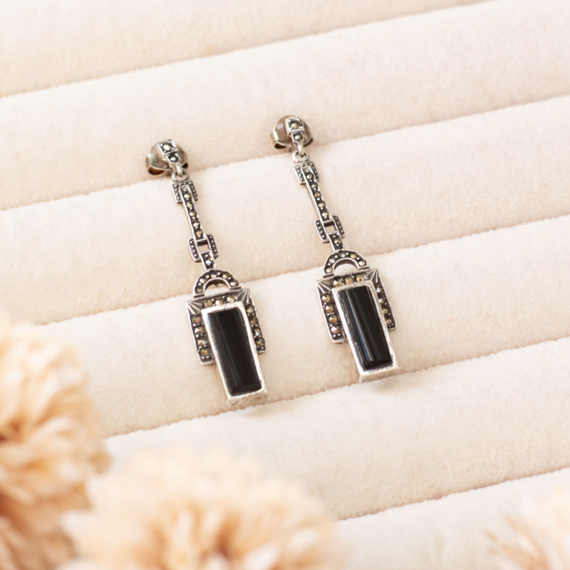 art deco style onyx, marcasite and silver earrings for sale in Leeds