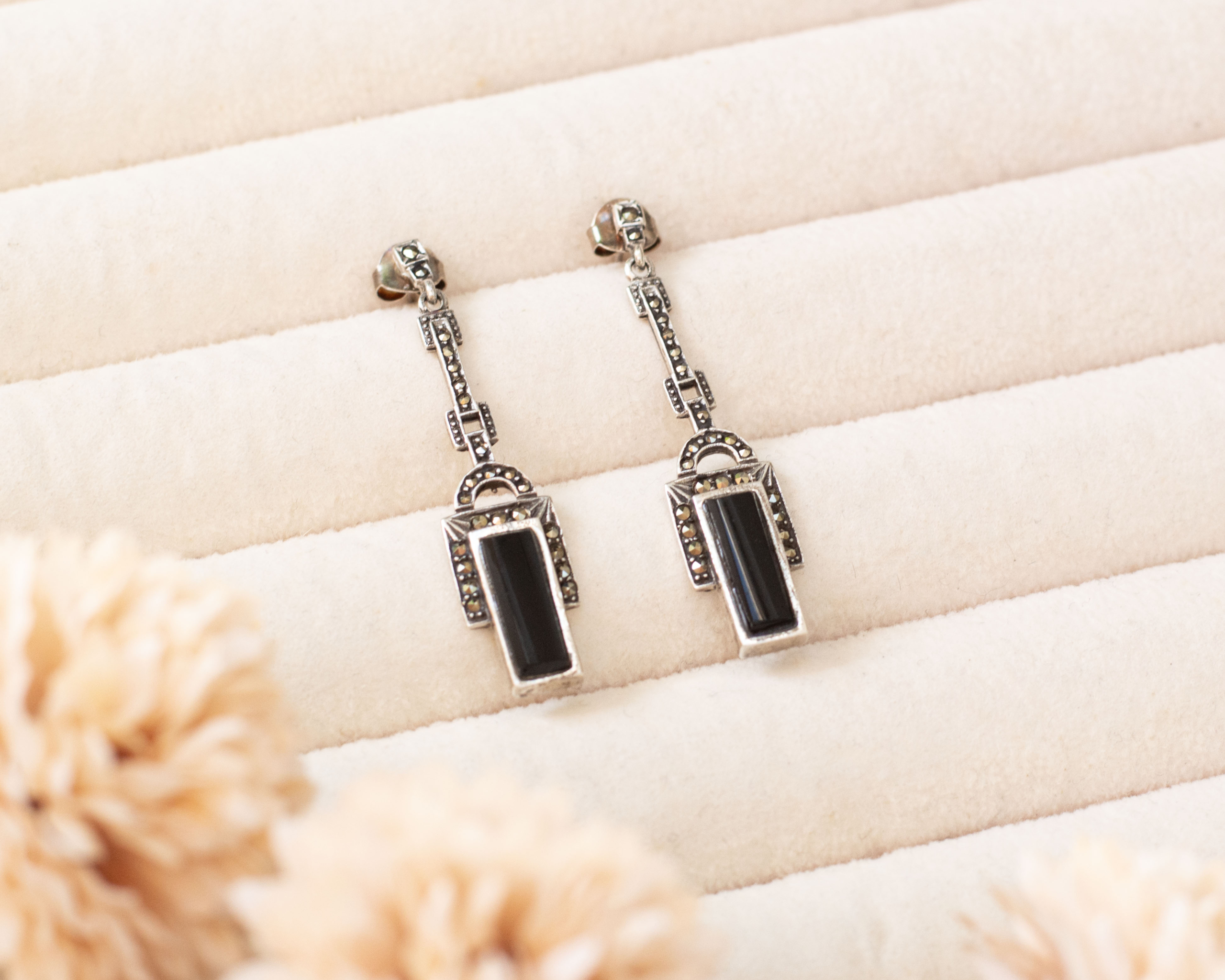 art deco style onyx, marcasite and silver earrings for sale in Leeds