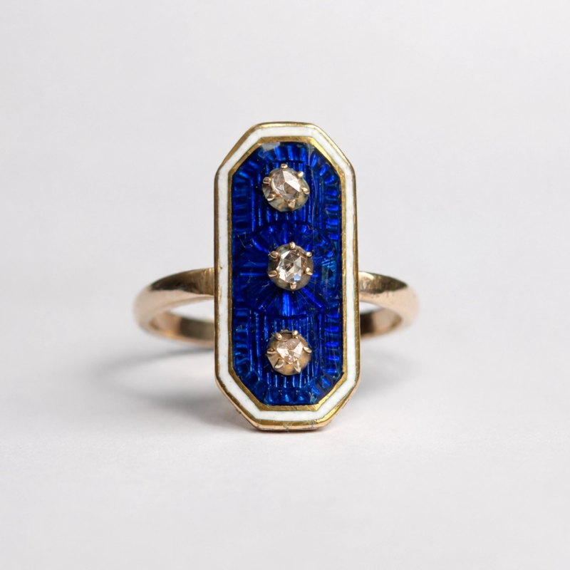 antique Victorian enamel and rose cut diamond panel ring ij 15ct gold for sale in Leeds