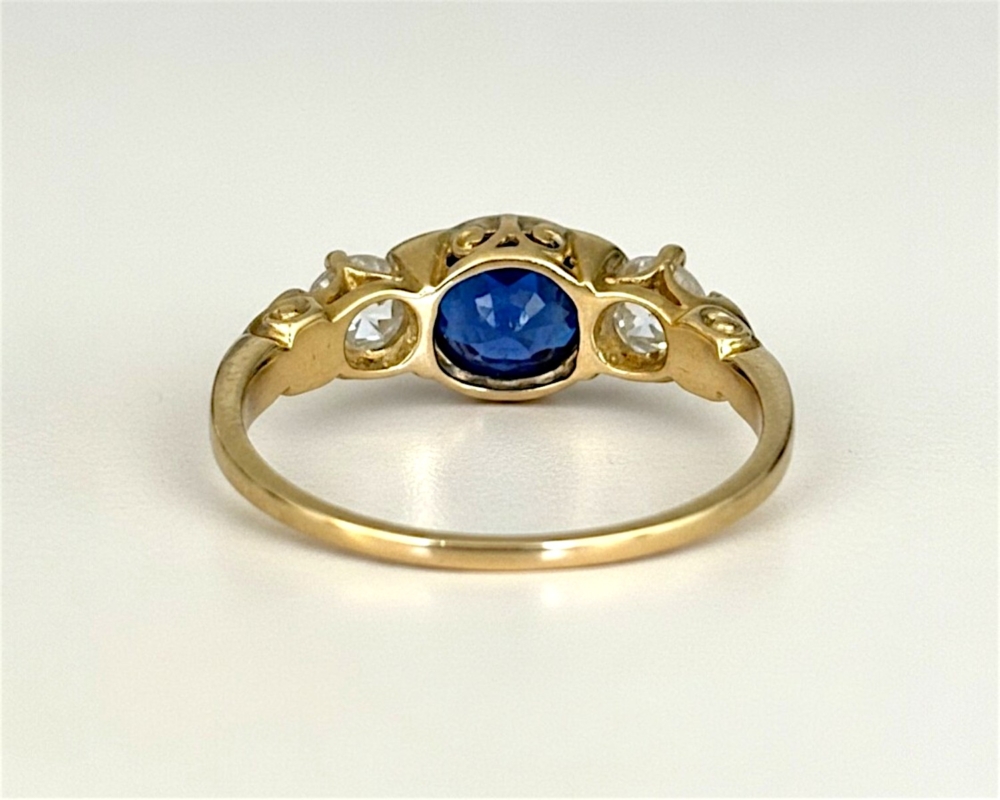 Victorian old cut diamond and blue paste ring in 18ct yellow gold for sale in Leeds, UK, rear view