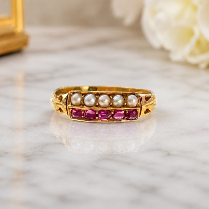 Victorian ruby and pearl ring in 18ct gold for sale in Leeds