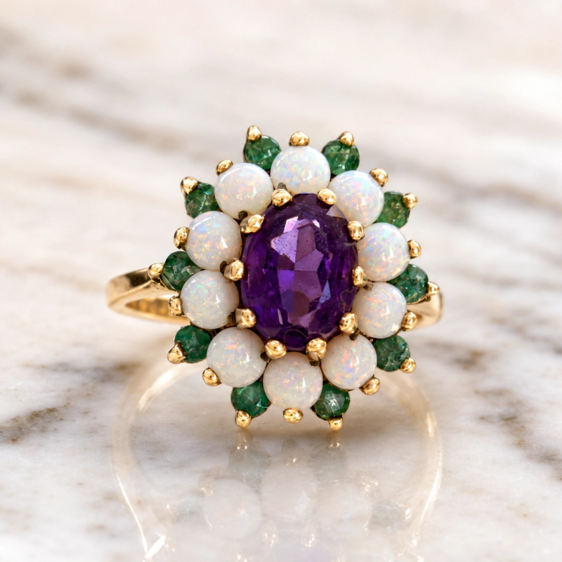 vintage amethyst, emerald and opal cluster ring in 9ct gold dated 1972. For sale in Leeds UK