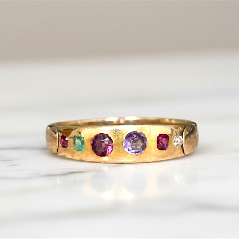 Antique Victorian Regard ring in 9ct gold for sale in Leeds, UK. Ruby, emerald, garnet, amethyst, diamond acrostic ring.