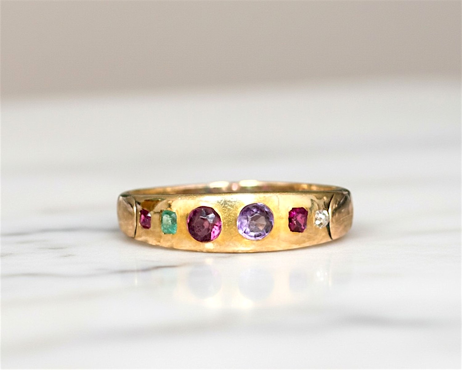 Antique Victorian Regard ring in 9ct gold for sale in Leeds, UK. Ruby, emerald, garnet, amethyst, diamond acrostic ring.