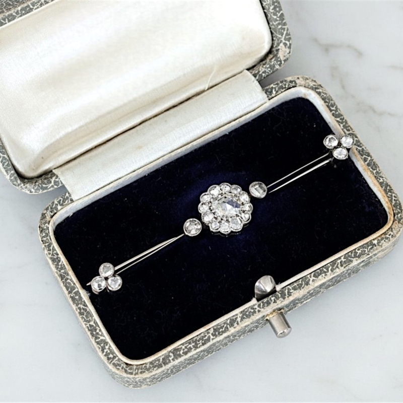 antique diamond bar brooch with rose cut diamonds in 18ct white gold and platinum for sale in Leeds, UK. Displayed in an antique box