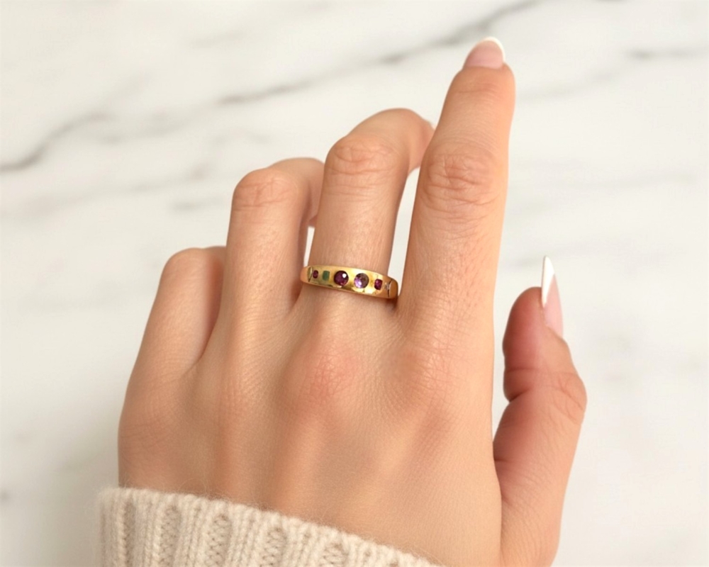 Antique Victorian Regard ring in 9ct gold for sale in Leeds, UK. Ruby, emerald, garnet, amethyst, diamond acrostic ring. Shown on model