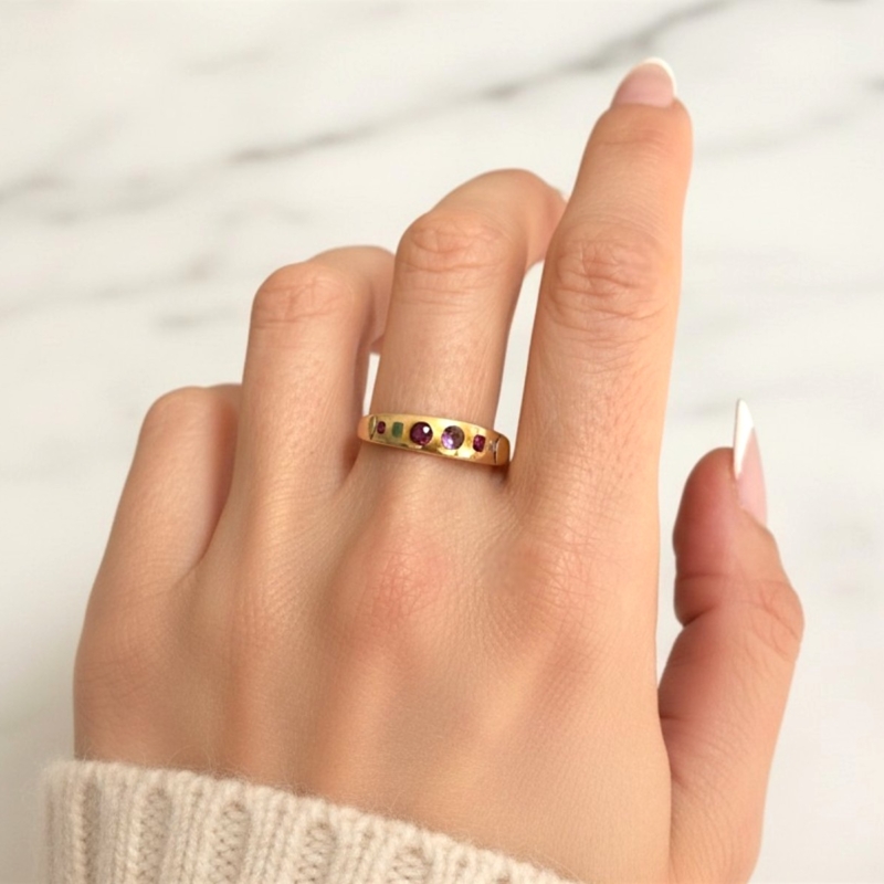 Antique Victorian Regard ring in 9ct gold for sale in Leeds, UK. Ruby, emerald, garnet, amethyst, diamond acrostic ring. Shown on model