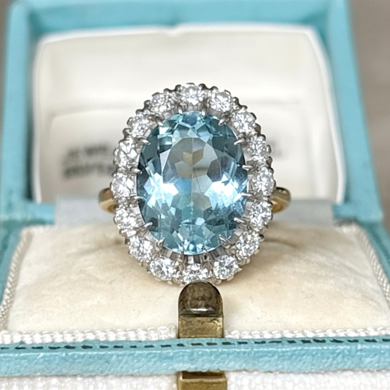 Art deco aquamarine and diamond cluster ring in 18ct yellow gold and platinum with 5.36ct aqua in Leeds, UK in blue box