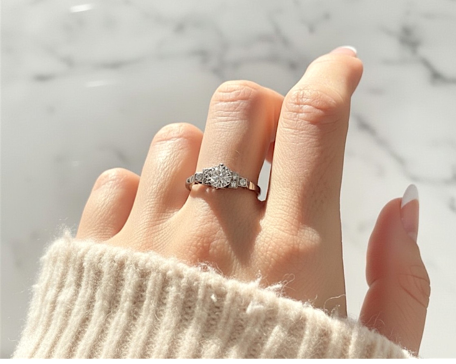 art deco 0.75ct ring on model