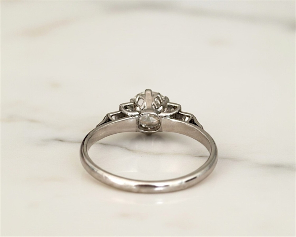 Art Deco platinum diamond solitaire ring 0.75ct for sale in Leeds, UK, showing back view