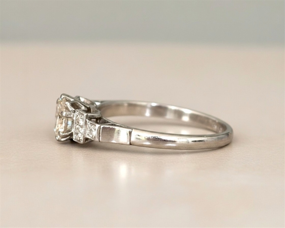 Art Deco platinum diamond solitaire ring 0.75ct for sale in Leeds, UK, showing side view