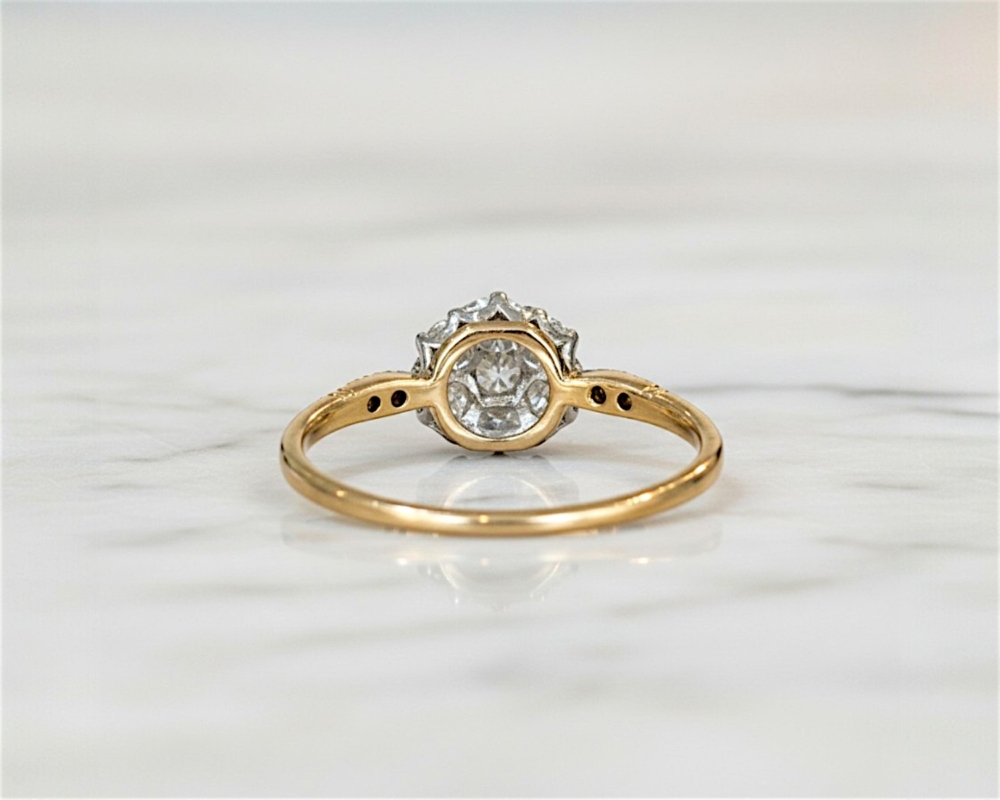 Antique Art Deco diamond cluster ring with old cut diamonds in 18ct yellow gold and platinum set, for sale in Leeds UK, showing back profile of the ring