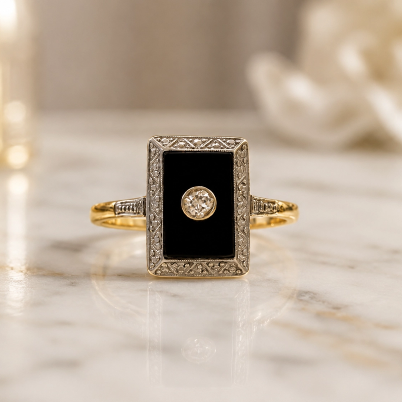Art deco onyx and diamond panel ring in 18ct gold for sale in Leeds