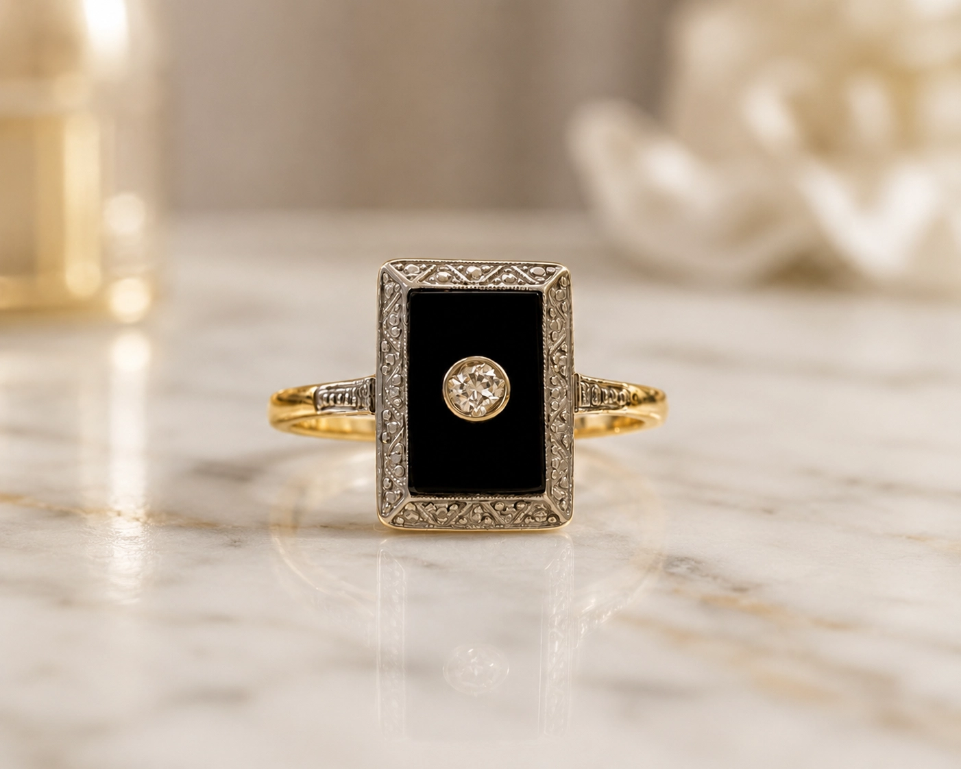 Art deco onyx and diamond panel ring in 18ct gold for sale in Leeds