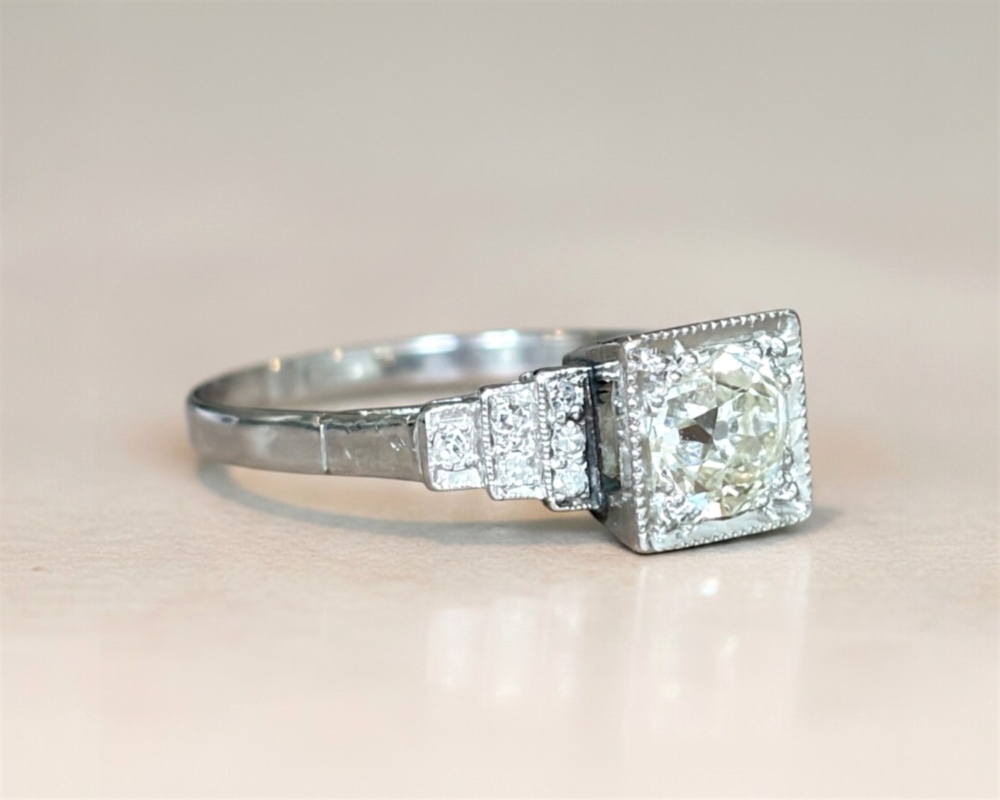 Art Deco old cut diamond ring in platinum. 1ct warm coloured diamond ring for sale in Leeds UK showing side view of the ring