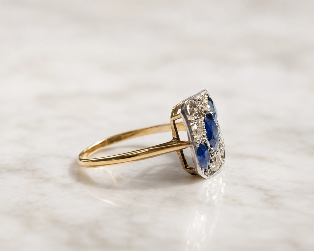 antique sapphire and diamond ring for sale showing side view