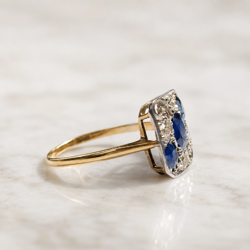 antique sapphire and diamond ring for sale showing side view