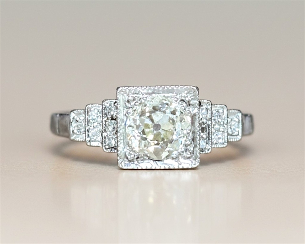 Art Deco old cut diamond ring in platinum. 1ct warm coloured diamond ring for sale in Leeds UK