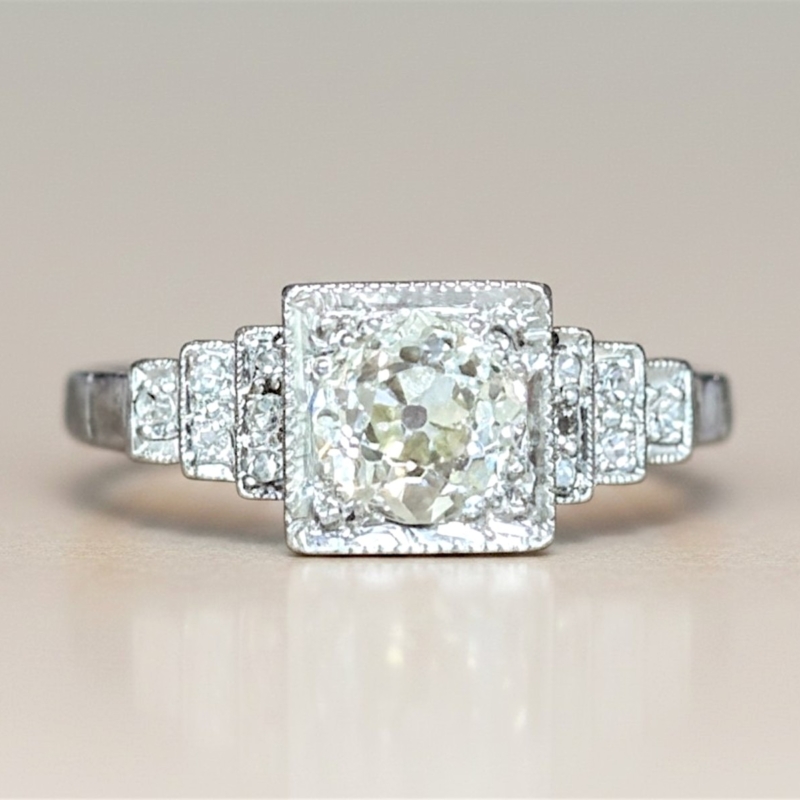 Art Deco old cut diamond ring in platinum. 1ct warm coloured diamond ring for sale in Leeds UK