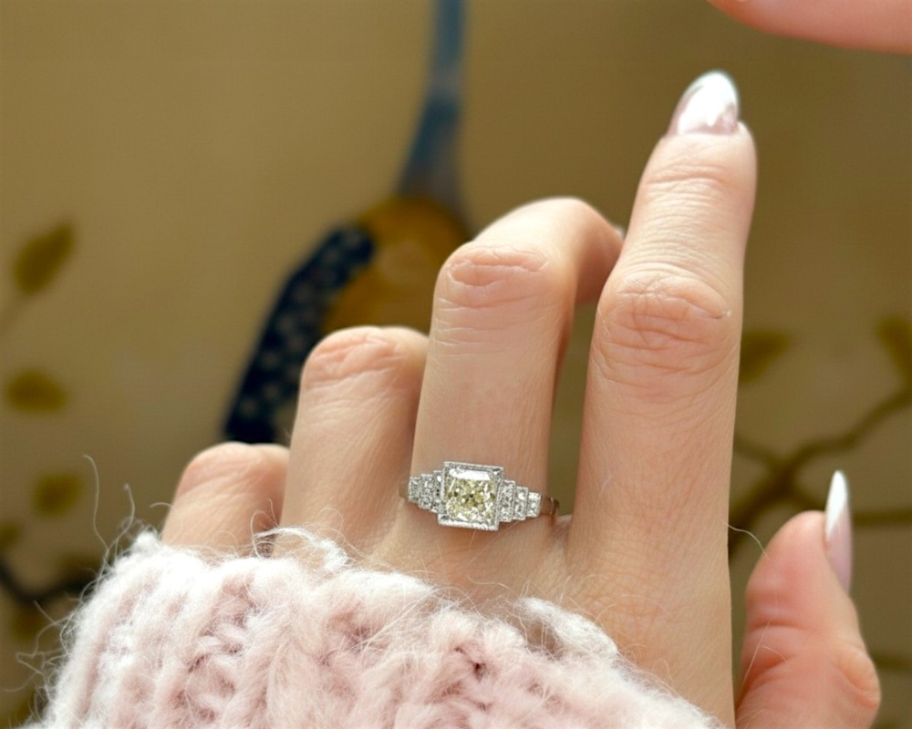 Art Deco old cut diamond ring in platinum. 1ct warm coloured diamond ring for sale in Leeds UK on model's hand