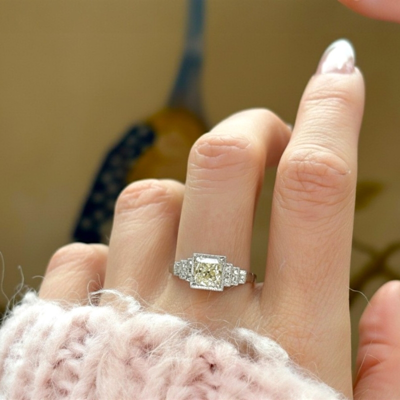 Art Deco old cut diamond ring in platinum. 1ct warm coloured diamond ring for sale in Leeds UK on model's hand