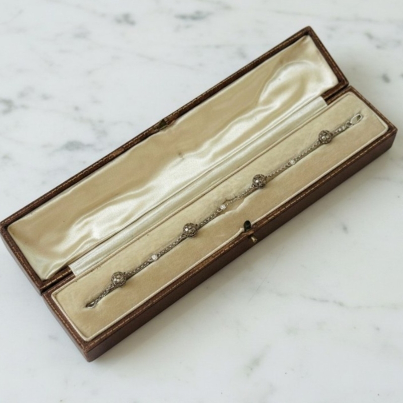 chocolate diamond bracelet in 18ct white gold for sale in Leeds, shown in an antique box
