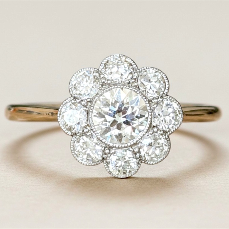 Edwardian diamond daisy cluster ring 1.25ct for sale in Leeds. 18ct yellow gold